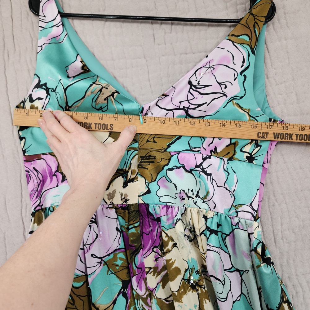 Adrianna Papell Silk Dress 10 Teal Purple Floral Fit Flare Cocktail Party Fairy - Picture 6 of 15